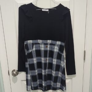 Charming Black and Blue Plaid Kids Casual Dress